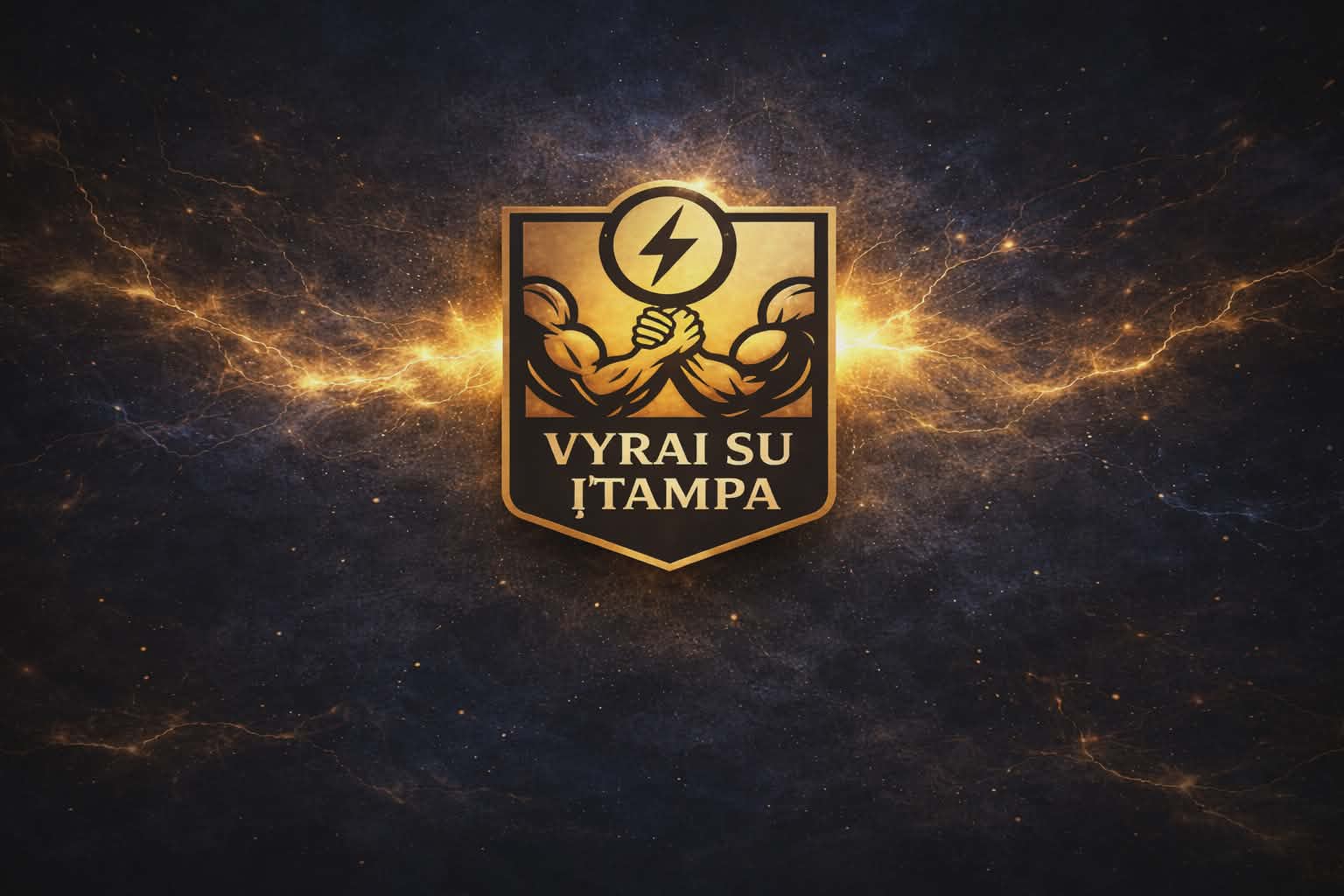 Vyrai su įtampa — juodo ir aukso spalvų komandos logotipas